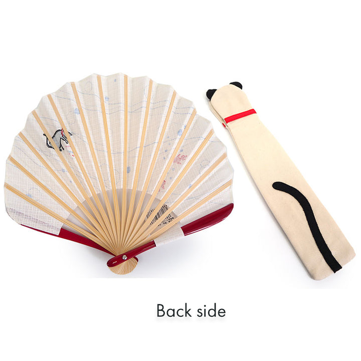 Folding Hand Fan for Lady's ,Surface Cotton, Bamboo Frame, Light Beige base with Cat peeking into a goldfish bowl