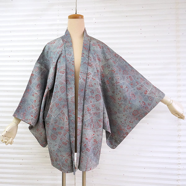 Vintage Haori Kimono Jacket Silk, Greyish Blue base, Floral Motifs