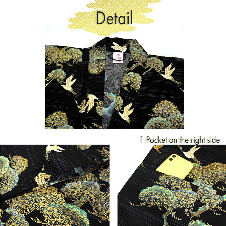 Men's Happi Coat: Kimono Robe -Black, Navy Blue, Red base, Cranes & Pine Trees