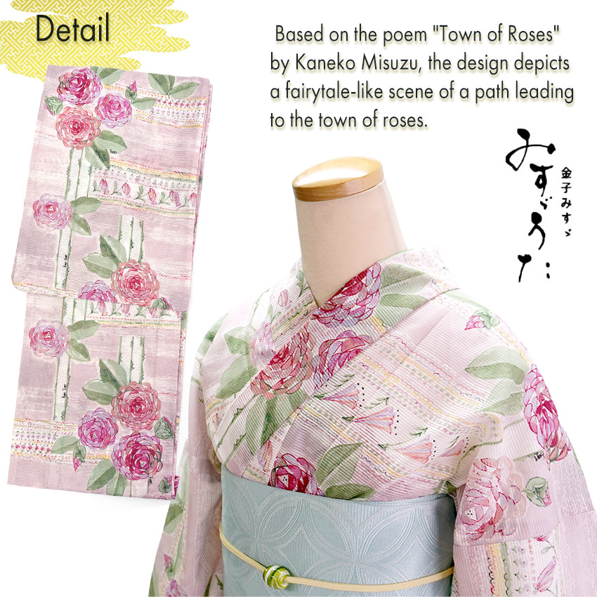 Lightweight Cotton Yukata for Women, grayish pink base, roses Flowers pattern– Inspired by Kaneko Misuzu’s Poetry, Summer Japanese Kimono Robe