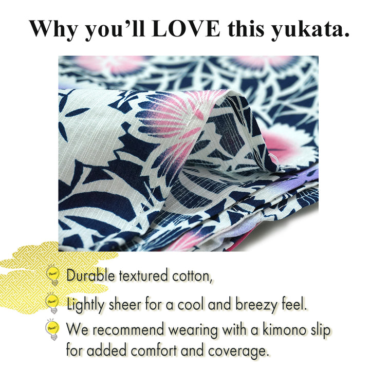 Women's Lightweight Cotton Yukata ＆Obi -2piece Coordinate set, Casual Summer Kimono  -Navy Base with Nadeshiko Flowers