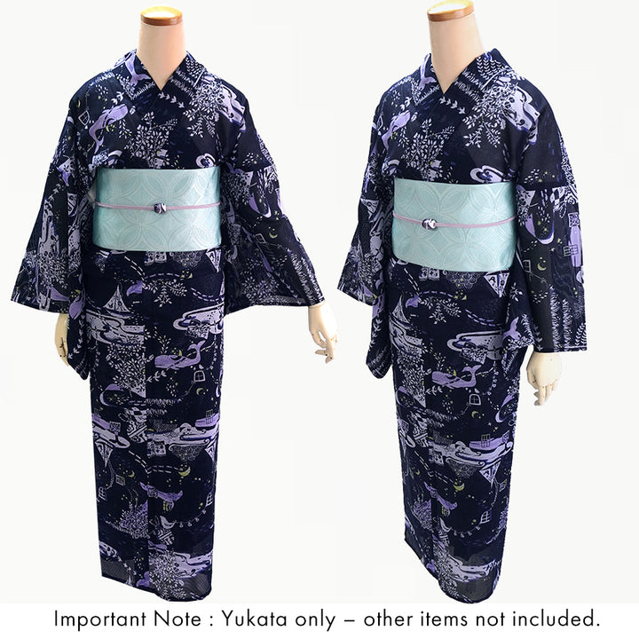 Lightweight Cotton Yukata for Women, Deep Indigo base, Whales, waves, stars, fish and birds pattern – Inspired by Kaneko Misuzu’s Poetry, Summer Japanese Kimono Robe