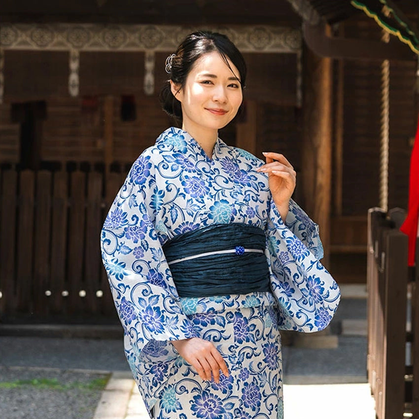 Women's Cotton Yukata, Casual Summer Kimono -White Base with Blue, Light Blue, and Blue-Violet Floral Arabesque