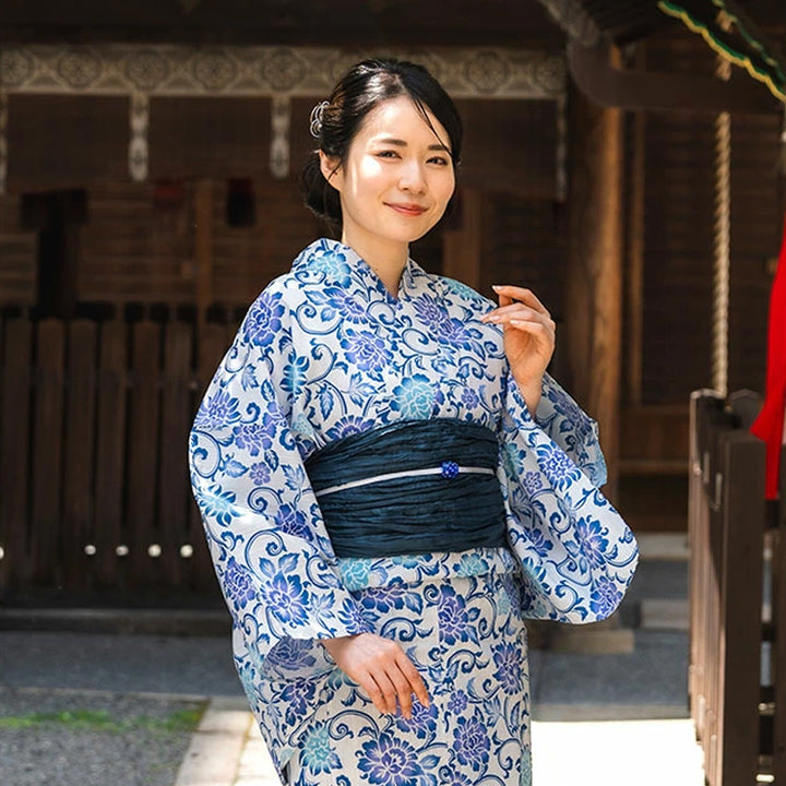 Women's Cotton Yukata, Casual Summer Kimono -White Base with Blue, Light Blue, and Blue-Violet Floral Arabesque