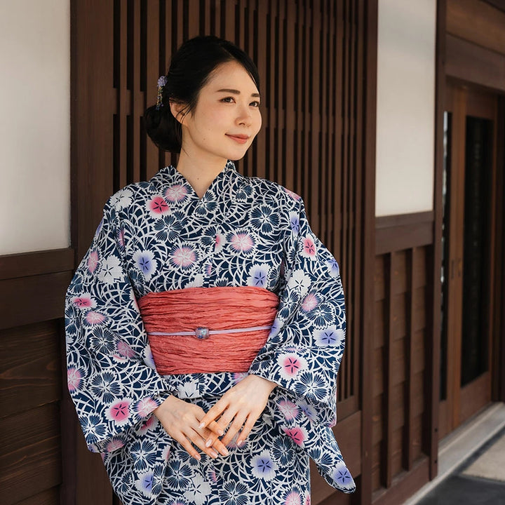 Women's Cotton Yukata, Casual Summer Kimono -Navy Base with Nadeshiko Flowers