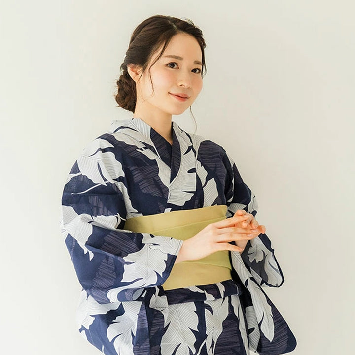Women's Cotton Yukata, Casual Summer Kimono -Navy Base withlarge banana leaves (bashō) for a bold and tropical-inspired look.