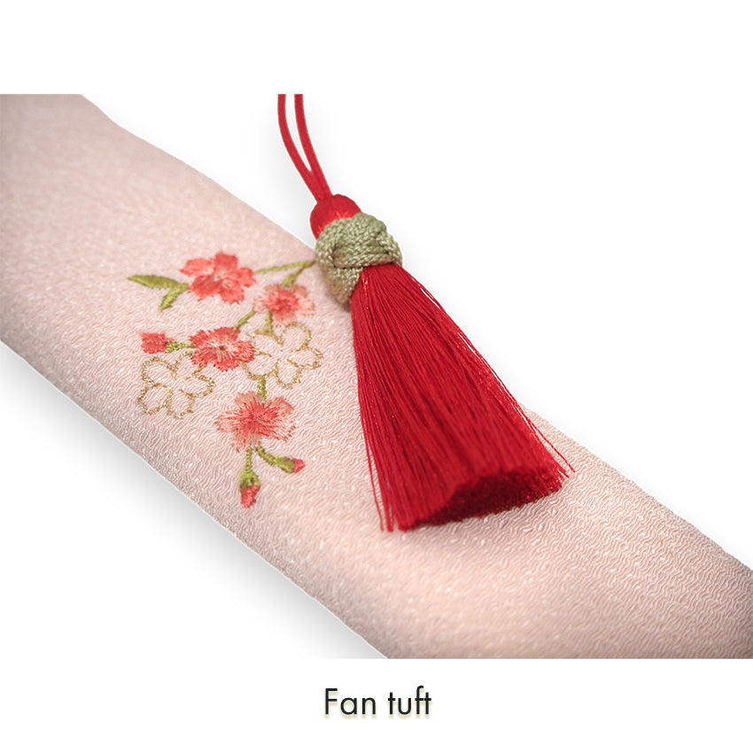 Folding Hand Fan for Lady's ,Surface Cotton, Bamboo Frame, Wakakusa -light green with pink-blushed cherry blossoms, slightly sheer
