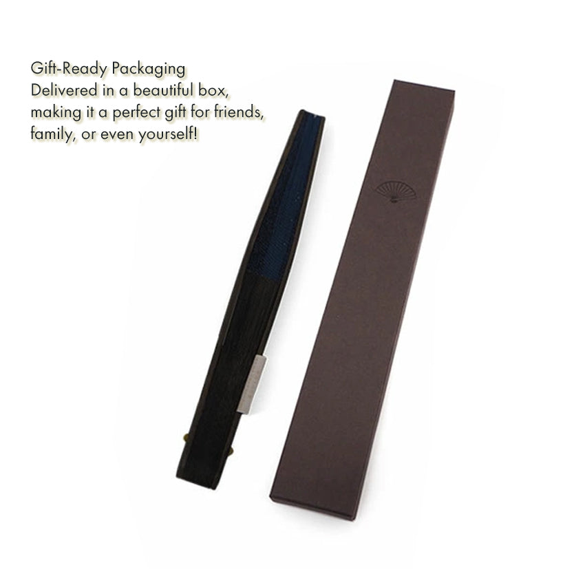 Folding Hand Fan for Men ,Surface Paper, Bamboo Frame, Gray base, A graceful sailboat rocking gently over stylized waves pattern