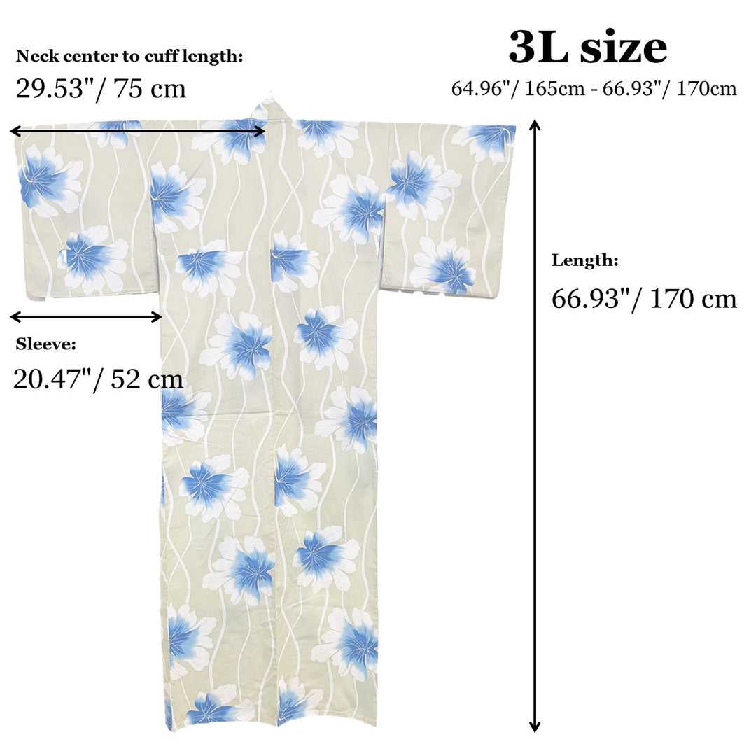 Women's Cotton Yukata, Casual Summer Kimono *3L - Cream, Blue Flowers