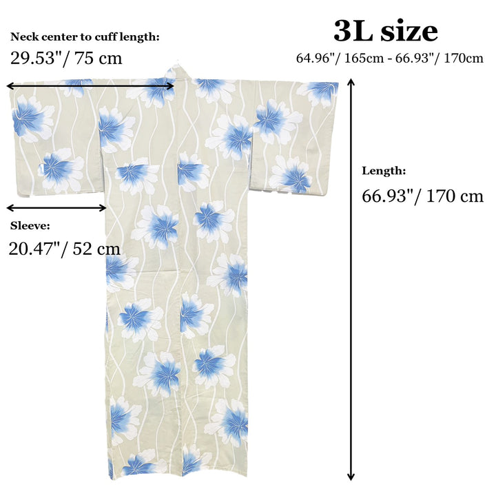 Women's Cotton Yukata, Casual Summer Kimono *3L - Cream, Blue Flowers