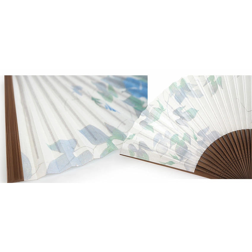Folding Hand Fan for Lady's ,Surface Paper, Bamboo Frame, White base with Flower, Elegant Blue Morning Glories