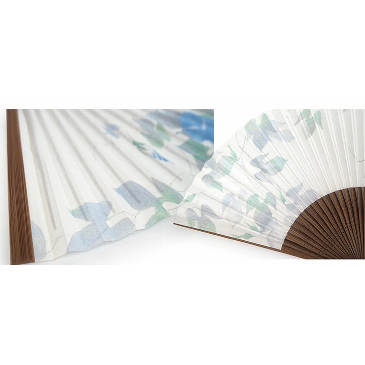 Folding Hand Fan for Lady's ,Surface Paper, Bamboo Frame, White base with Flower, Elegant Blue Morning Glories