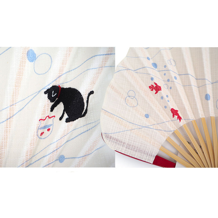 Folding Hand Fan for Lady's ,Surface Cotton, Bamboo Frame, Light Beige base with Cat peeking into a goldfish bowl