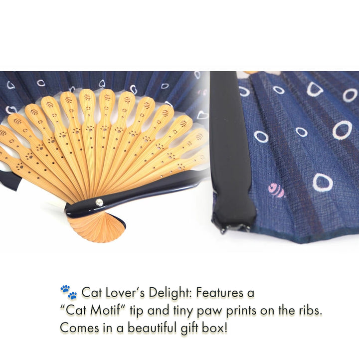 Folding Hand Fan for Lady's ,Surface Cotton, Bamboo Frame, Navy base with Circular Motifs and an Adorable Cat Design