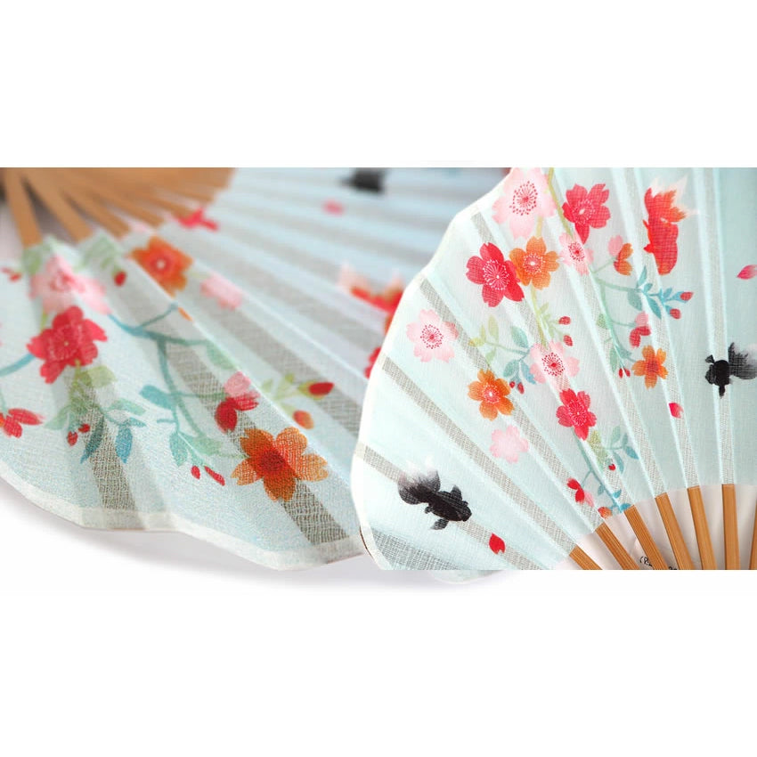 Folding Hand Fan for Lady's ,Surface Cotton, Bamboo Frame, Blue base Goldfish with Flowers Set