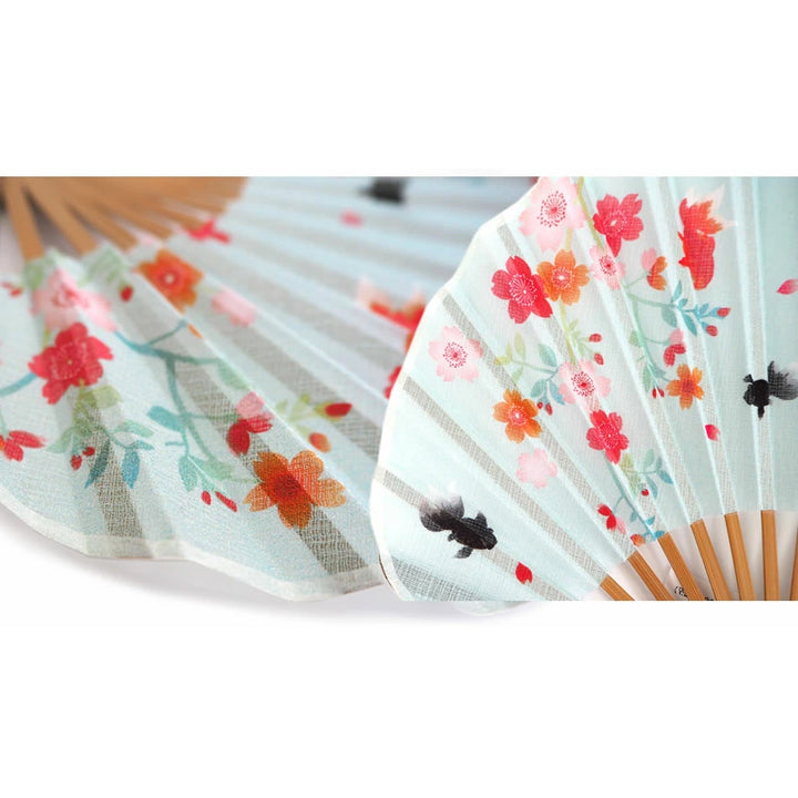 Folding Hand Fan for Lady's ,Surface Cotton, Bamboo Frame, Blue base Goldfish with Flowers Set
