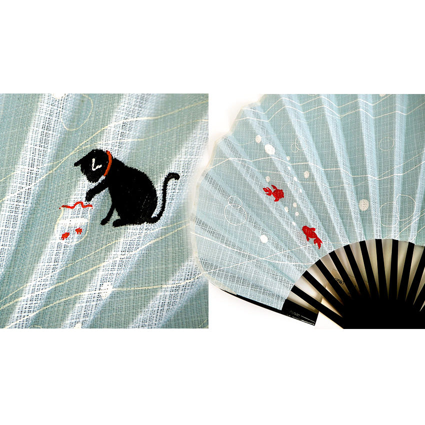 Folding Hand Fan for Lady's ,Surface Cotton, Bamboo Frame, Light Blue base with Cat peeking into a goldfish bowl