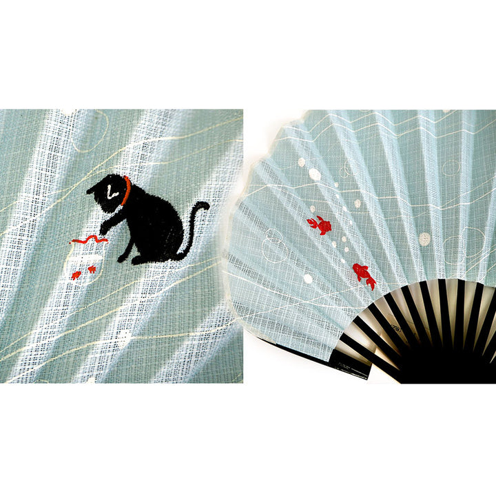 Folding Hand Fan for Lady's ,Surface Cotton, Bamboo Frame, Light Blue base with Cat peeking into a goldfish bowl