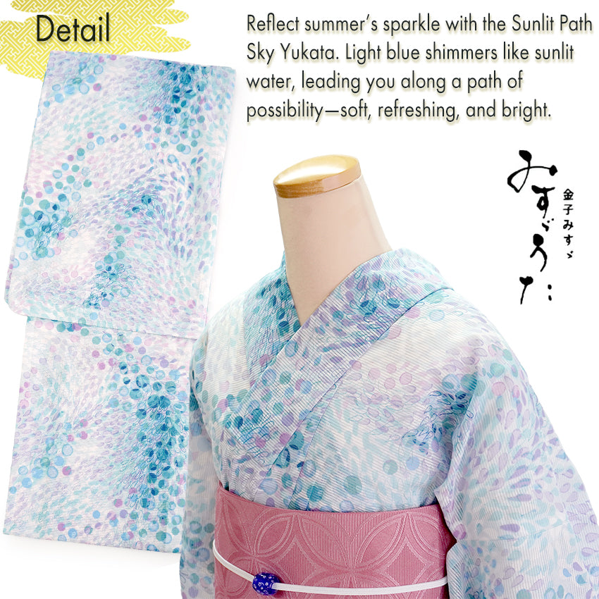 Lightweight Cotton Yukata for Women, Sky Blue base, Sunlit Path, landscape pattern – Inspired by Kaneko Misuzu’s Poetry, Summer Japanese Kimono Robe