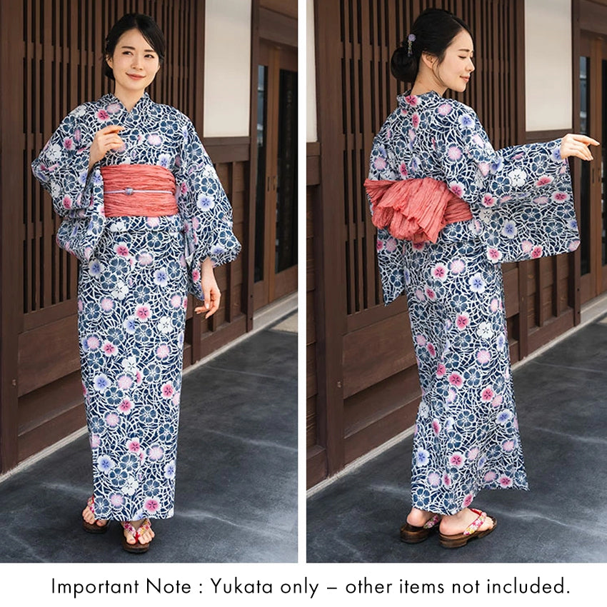 Women's Cotton Yukata, Casual Summer Kimono -Navy Base with Nadeshiko Flowers