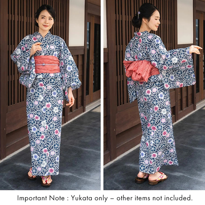 Women's Cotton Yukata, Casual Summer Kimono -Navy Base with Nadeshiko Flowers