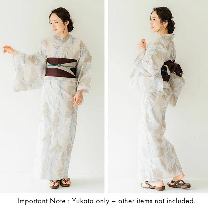 Women's Cotton Yukata, Casual Summer Kimono -Beige Base with large banana leaves (bashō) for a bold and tropical-inspired look.