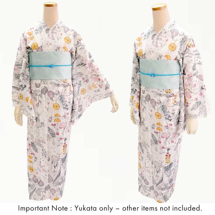 Lightweight Cotton Yukata for Women, red, pink, gray base, vegetables, cats, birds pattern– Inspired by Kaneko Misuzu’s Poetry, Summer Japanese Kimono Robe