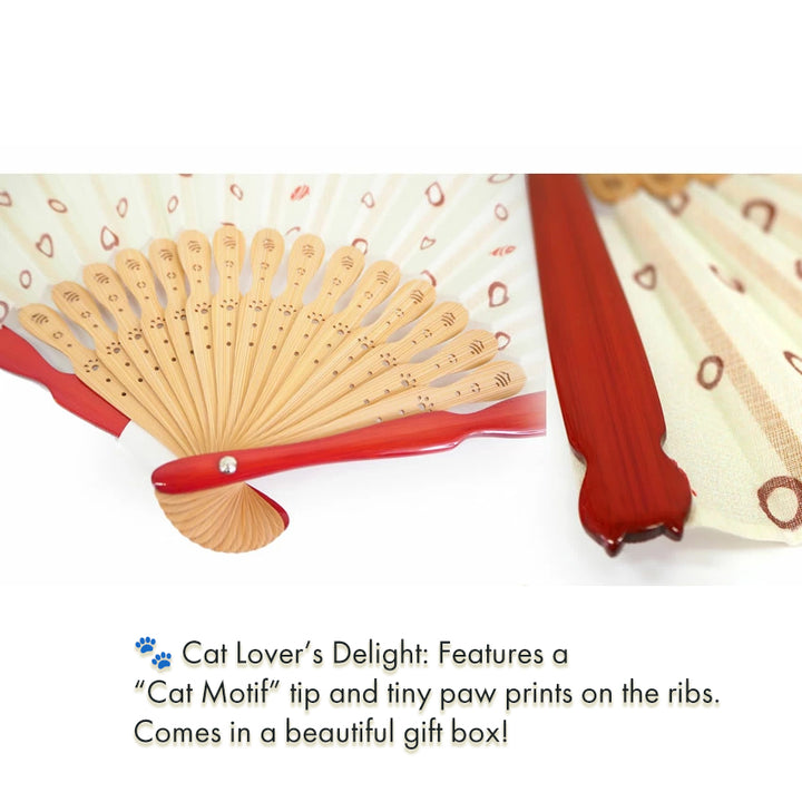 Folding Hand Fan for Lady's ,Surface Cotton, Bamboo Frame, Light Beige base with Circular Motifs and an Adorable Cat Design