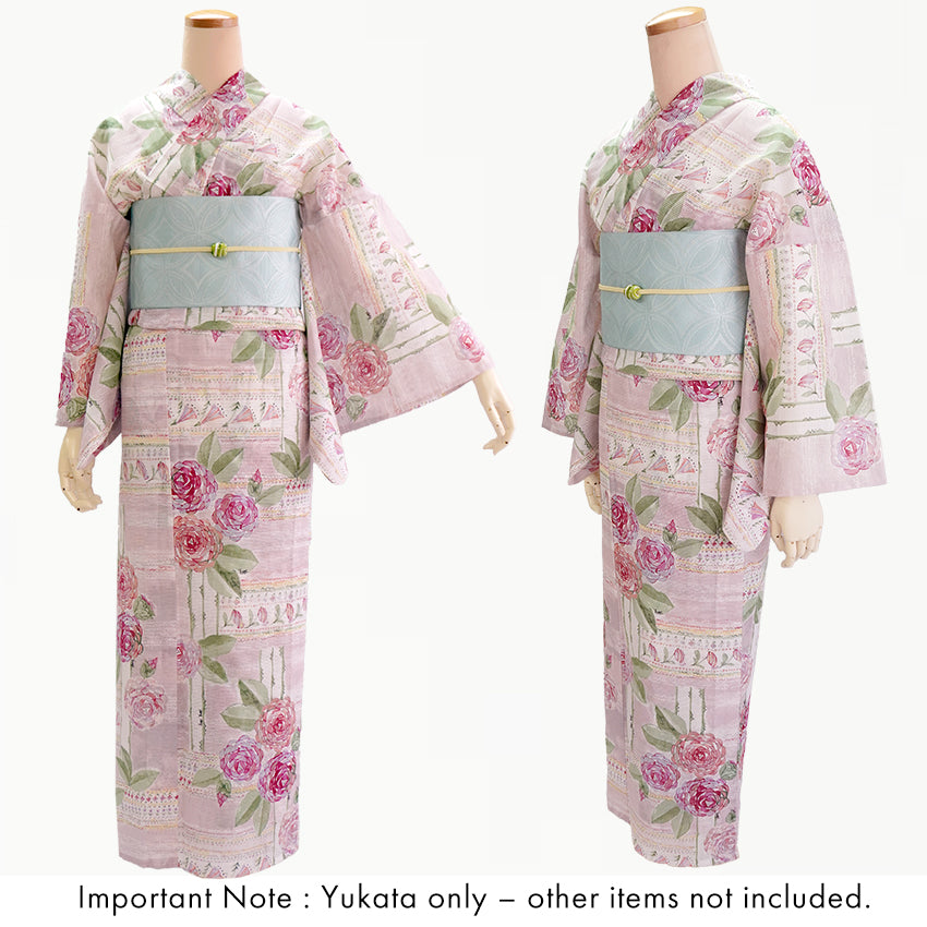 Lightweight Cotton Yukata for Women, grayish pink base, roses Flowers pattern– Inspired by Kaneko Misuzu’s Poetry, Summer Japanese Kimono Robe