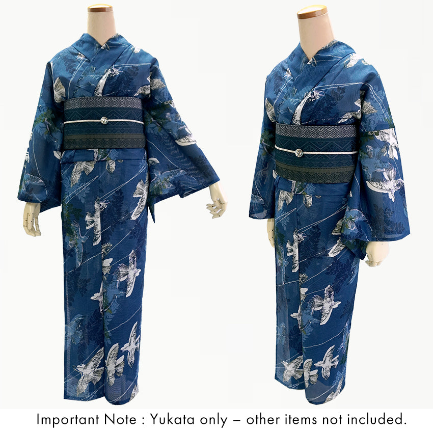 Lightweight Cotton Yukata for Women, Indigo base, Flowers Birds and leaves pattern– Inspired by Kaneko Misuzu’s Poetry, Summer Japanese Kimono Robe