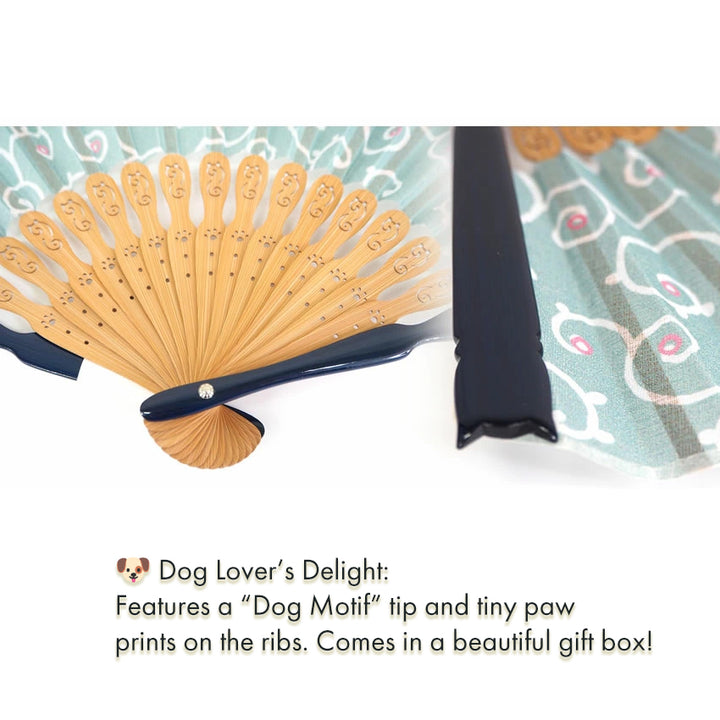 Folding Hand Fan for Lady's ,Surface Cotton, Bamboo Frame, Green base with Circles, Classic Arabesque Patterns and a Cute Dog Motif