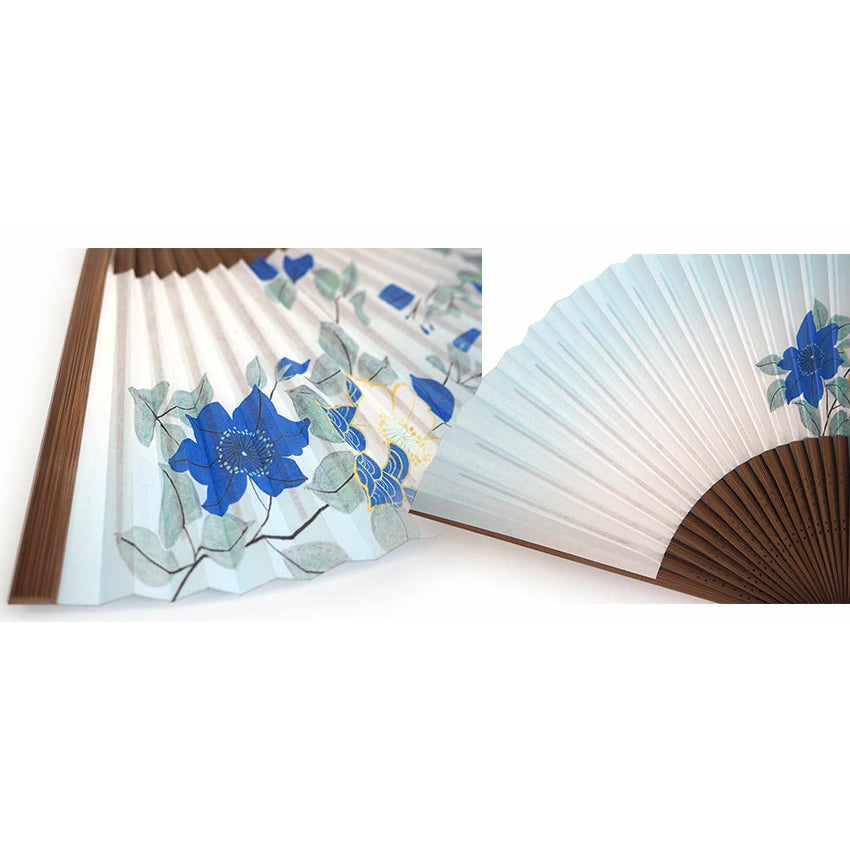 Folding Hand Fan for Lady's ,Surface Paper, Bamboo Frame, Pale Blue Gradation base with Flower, Clematis