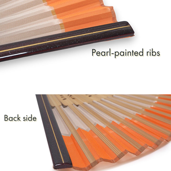 Folding Hand Fan for Lady's ,Surface Polyester, Bamboo Frame, Kinmokusei (rich persimmon orange & ivory beige)base