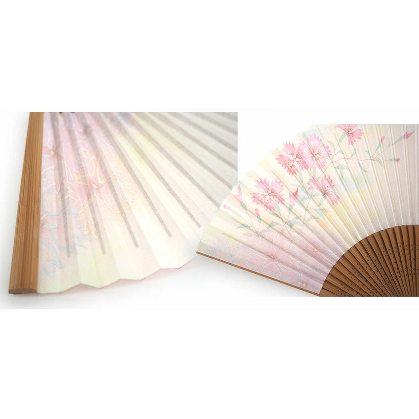 Folding Hand Fan for Lady's ,Surface Paper, Bamboo Frame, White/Cream Gradation base with Flower, Pink Dianthus