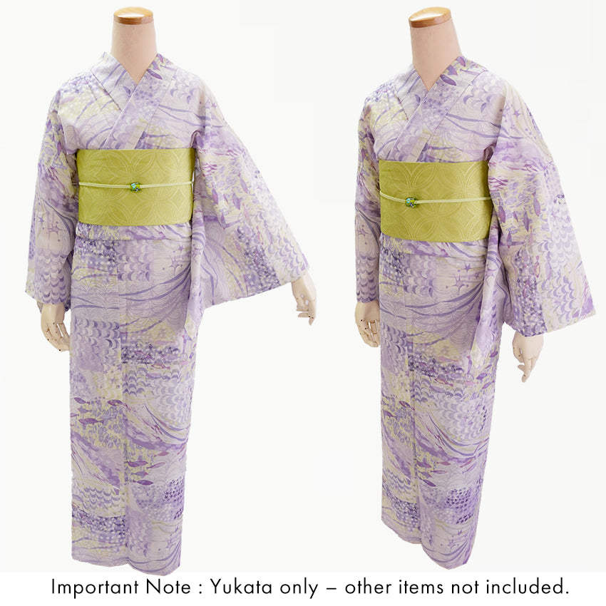 Lightweight Cotton Yukata for Women, Lavender and Light yellow tones base, Waves, shells and fish pattern – Inspired by Kaneko Misuzu’s Poetry, Summer Japanese Kimono Robe