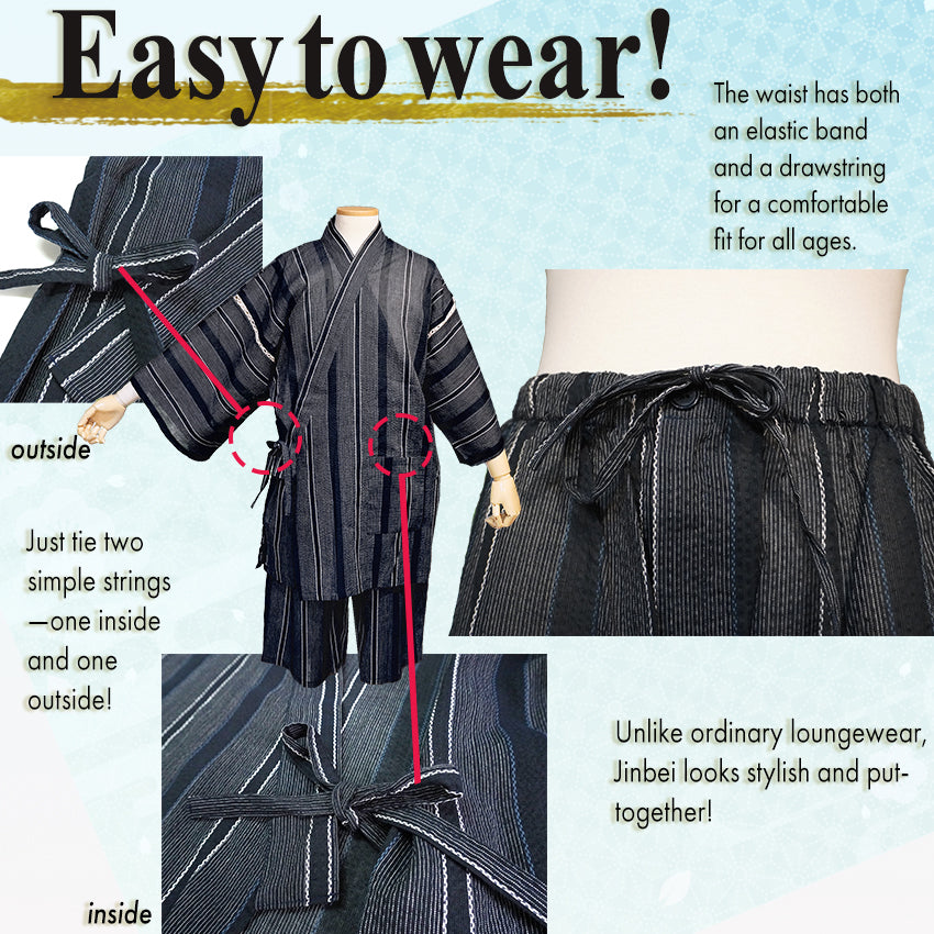 Men’s Cool & Comfortable Jinbei, Black Base with Subtle White & Blue Stripes – Lightweight Cotton ＆Linen Summer Loungewear, Sleepwear