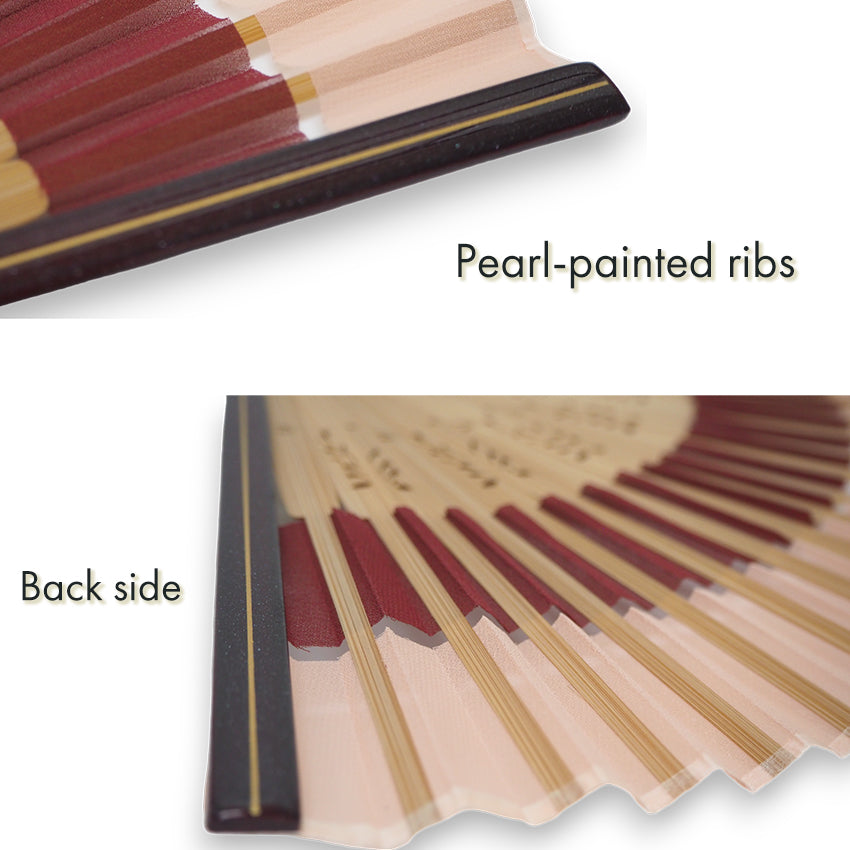 Folding Hand Fan for Lady's ,Surface Polyester, Bamboo Frame, Kōbai (pale pink & deep reddish-black)base