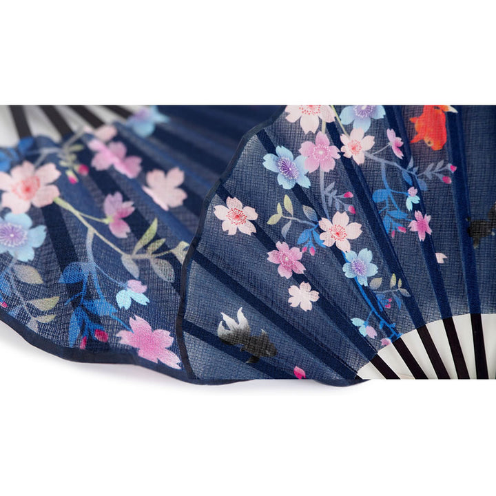 Folding Hand Fan for Lady's ,Surface Cotton, Bamboo Frame, Navy base Goldfish with Flowers Set