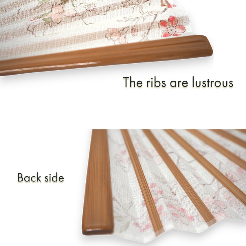 Folding Hand Fan for Lady's ,Surface Cotton, Bamboo Frame, Wakakusa -light green with pink-blushed cherry blossoms, slightly sheer