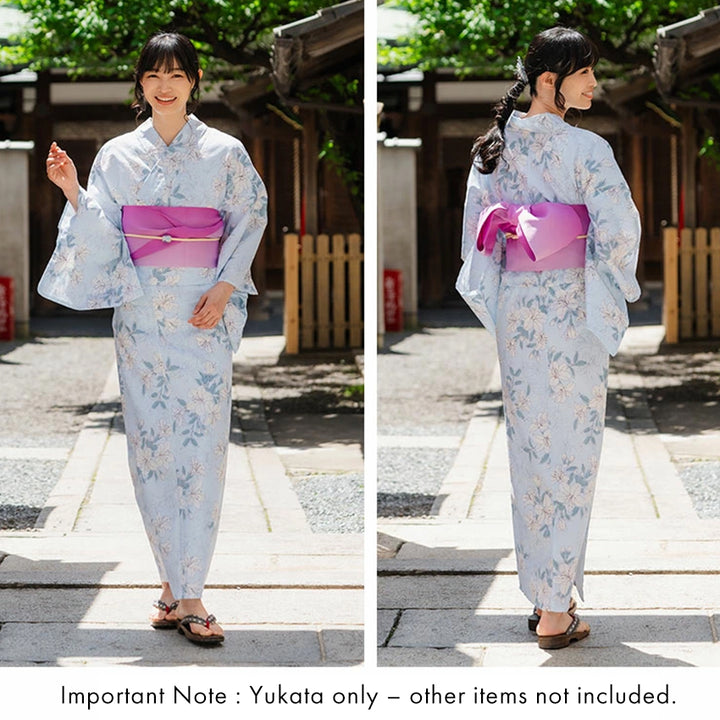 Women's Cotton Yukata, Casual Summer Kimono -Light Blue Base with Lily Pattern