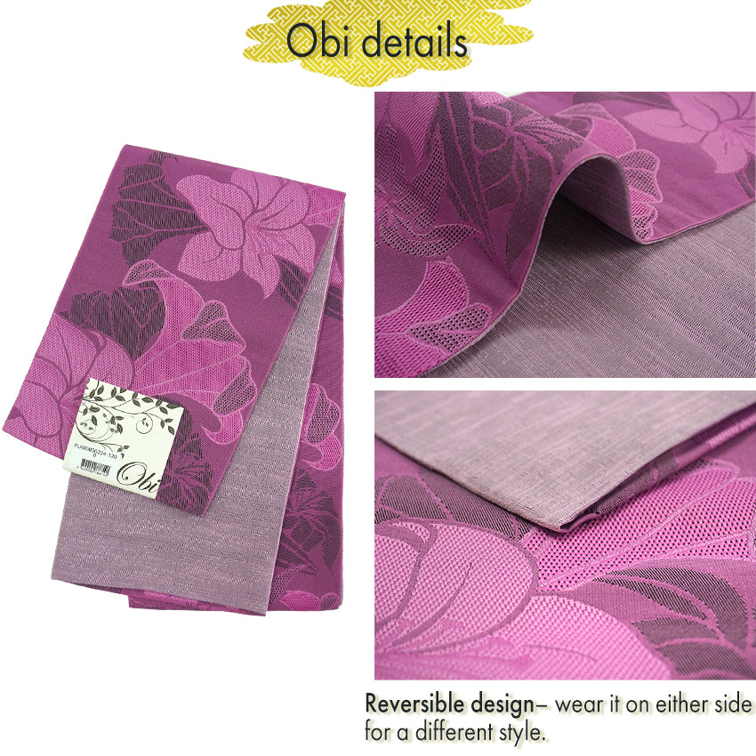 Women's Lightweight Cotton Yukata ＆Obi -2piece Coordinate set-, Casual Summer Kimono - Light Blue Base with Lily Pattern