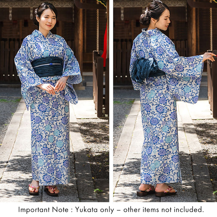 Women's Cotton Yukata, Casual Summer Kimono -White Base with Blue, Light Blue, and Blue-Violet Floral Arabesque