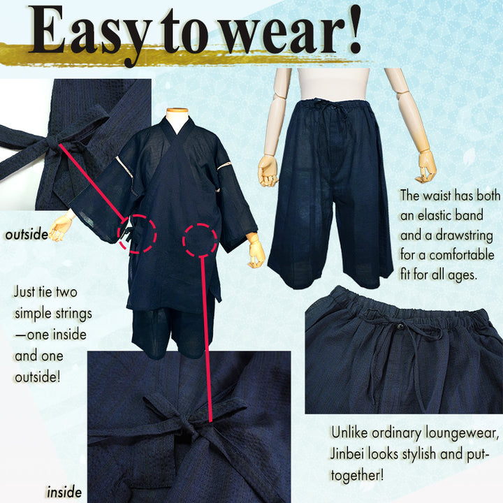 Men’s Cool & Comfortable Jinbei, Navy Base with Subtle Black Stripes – Lightweight Cotton ＆Linen Summer Loungewear, Sleepwear