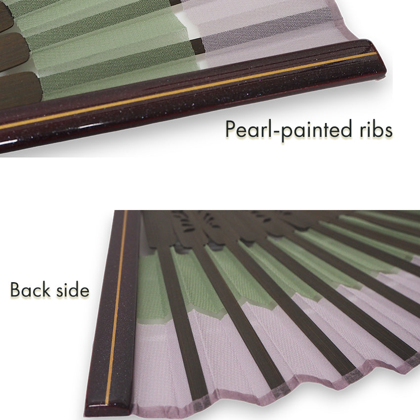 Folding Hand Fan for Lady's ,Surface Polyester, Bamboo Frame, Fuji (grayish lavender purple & muted willow green)