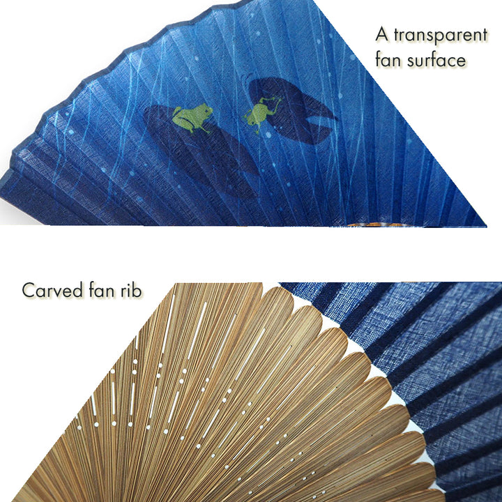 Folding Hand Fan for Men ,Surface Cotton, Bamboo Frame,  Navy base,  frogs playing with raindrops on lotus