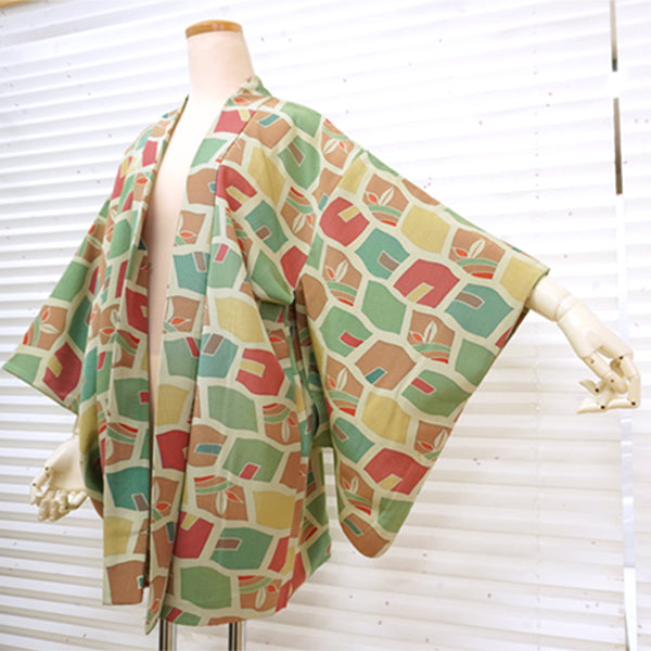 Vintage Haori Kimono Jacket Silk, Green base, Colorful Geometric Pattern