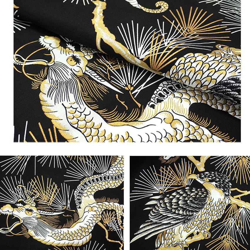 Men's Happi Coat: Kimono Robe -Black base, – Pine Needles, Dragons & Hawks