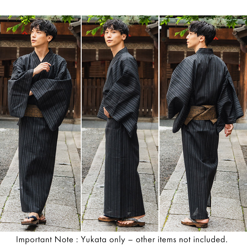 Men's Yukata Cotton & Linen : Black with Random Stripes Yukata