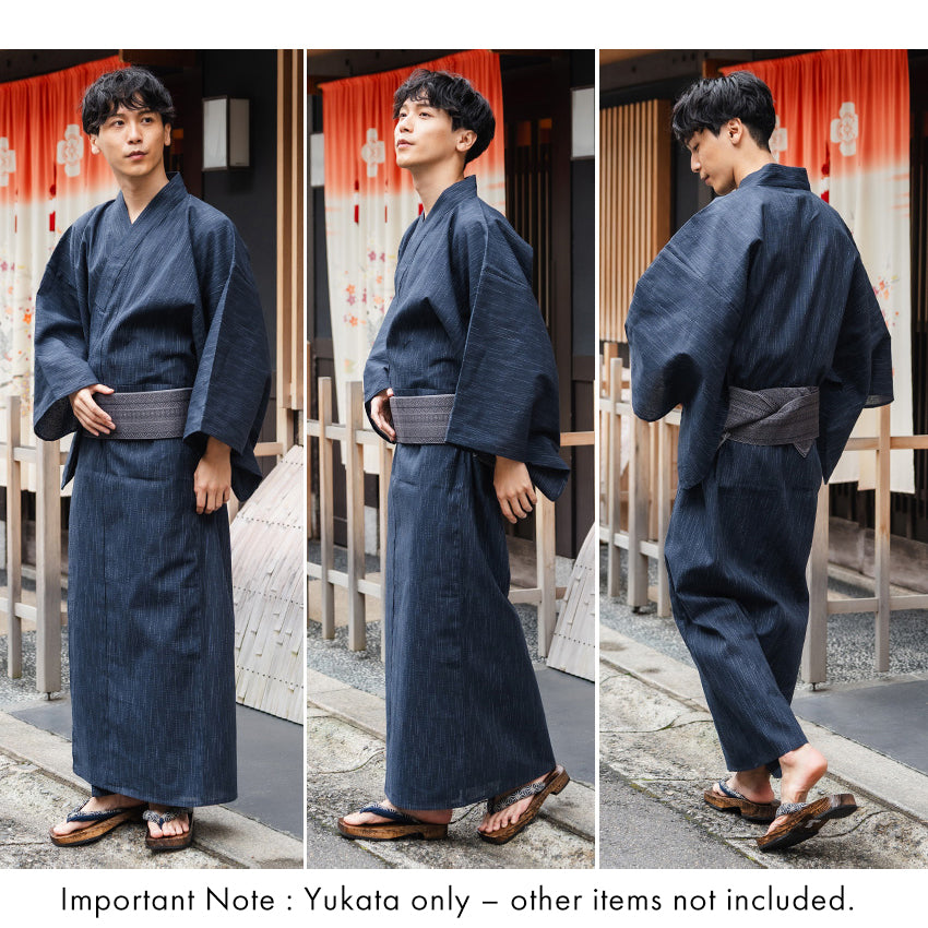 Men's Yukata Cotton & Linen : Navy with Rain-Like Stripes Yukata