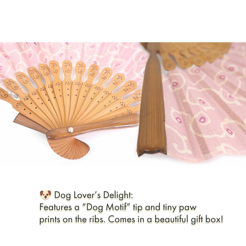 Folding Hand Fan for Lady's ,Surface Cotton, Bamboo Frame, Pink base with Circles, Classic Arabesque Patterns and a Cute Dog Motif